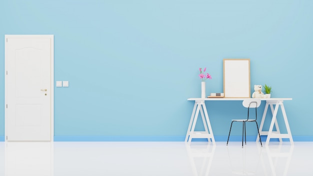 Vista frontal de un interior de trabajo con pared azul habitación vacía, diseño minimalista, render 3d