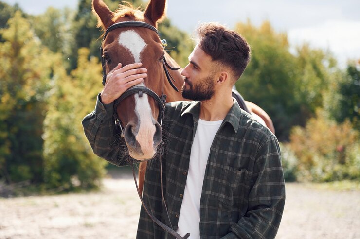 Foto vista frontal jovem com um cavalo está ao ar livre