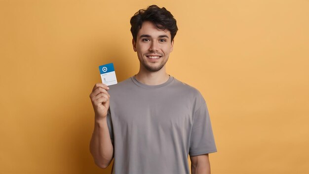 Vista frontal jovem homem de camiseta cinzenta segurando cartão de identidade com sorriso em bege