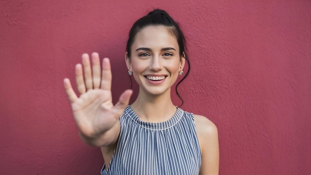Vista frontal jovem mulher atraente sorrindo e mostrando sua palma na parede rosa escuro modelo de cor feminina