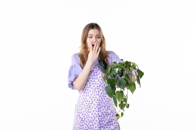 Vista frontal joven atractiva mujer sosteniendo la planta y la espátula sobre fondo blanco dinero flor hierba planta mujer color jardín