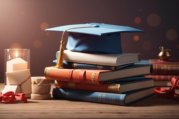 Vista frontal de libros apilados, un birrete de graduación y un diploma.