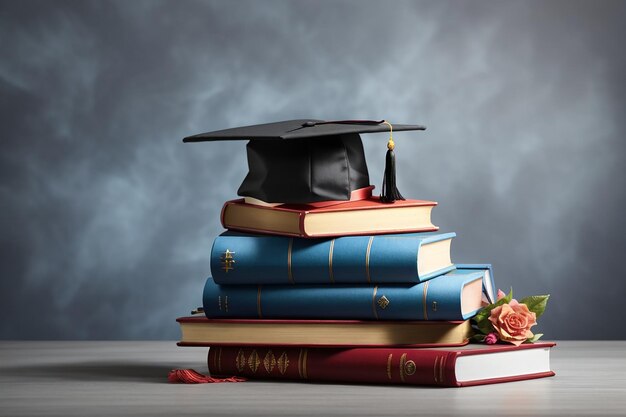 Vista frontal de libros apilados, un birrete de graduación y un diploma.