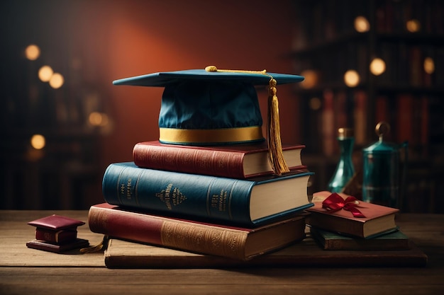 Vista frontal de libros apilados, un birrete de graduación y un diploma.