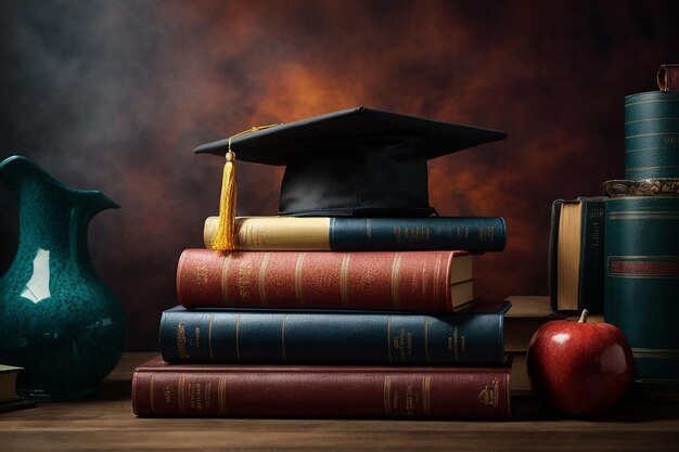 Vista frontal de libros apilados, un birrete de graduación y un diploma.