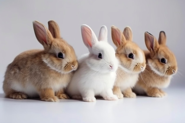 Vista frontal de lindos conejos bebés sobre fondo blanco Conejitos lindos sentados con acción encantadora sobre blanco Ai generativo