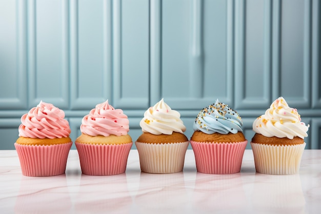 Vista frontal de la línea de cupcakes de cumpleaños