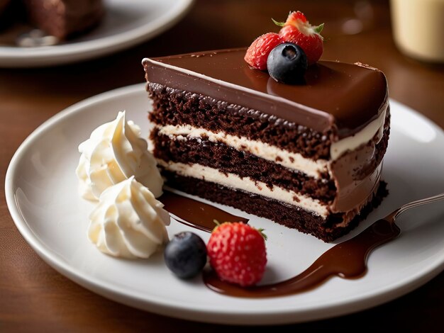 Vista frontal livre de um delicioso bolo com espaço de cópia Um pedaço de bolo de chocolate decorado com morango