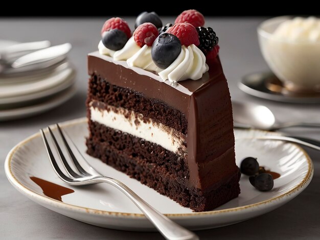 Vista frontal livre de um delicioso bolo com espaço de cópia Um pedaço de bolo de chocolate decorado com morango