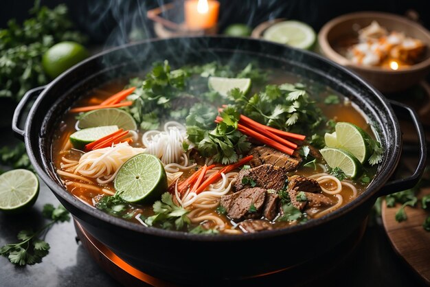 vista frontal macarrão ramen asiático criado em pauzinhos na mesa escura