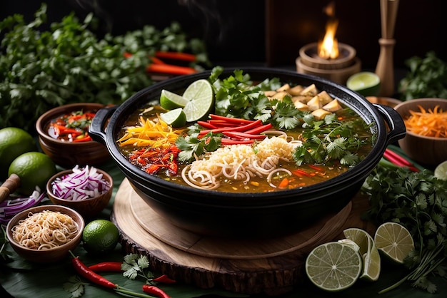 vista frontal macarrão ramen asiático criado em pauzinhos na mesa escura