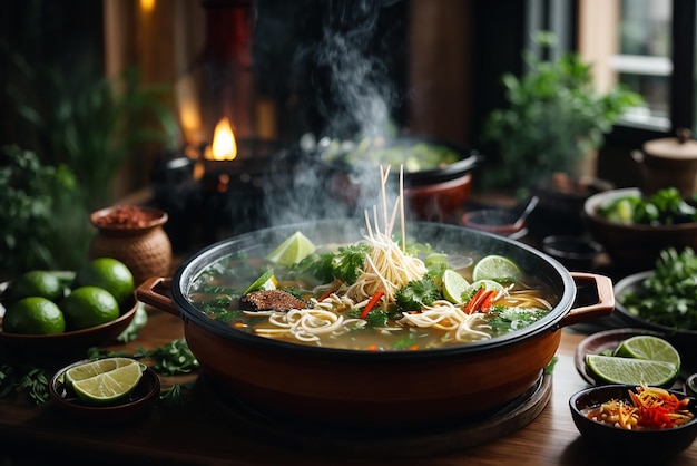 vista frontal macarrão ramen asiático criado em pauzinhos na mesa escura