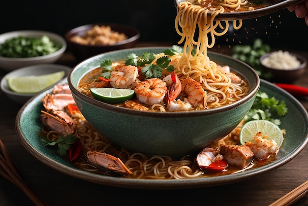 vista frontal macarrão ramen asiático criado em pauzinhos na mesa escura