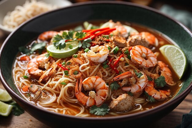 vista frontal macarrão ramen asiático criado em pauzinhos na mesa escura