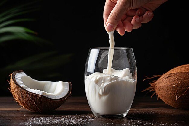 Foto vista frontal de la mano vertiendo leche de coco en un vaso