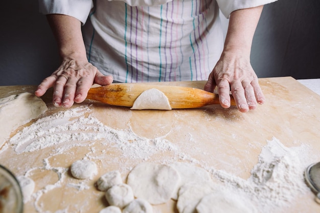 Vista frontal de las manos de dos mujeres haciendo albóndigas de carne con rodillo de madera