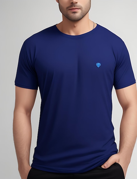 Vista frontal de una maqueta de modelo de camiseta azul real en blanco