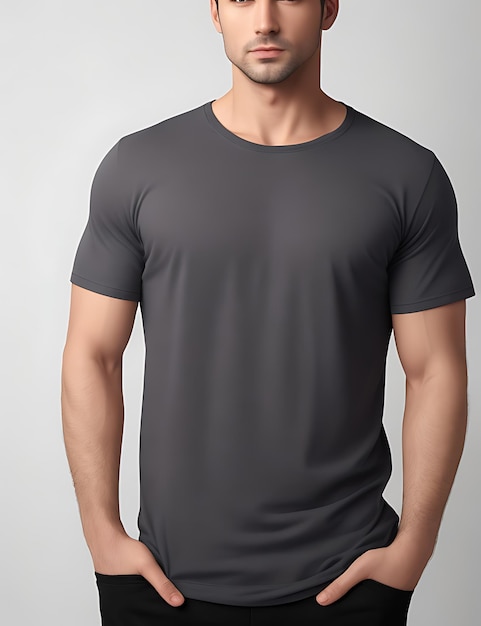 Vista frontal de una maqueta de modelo de camiseta gris en blanco