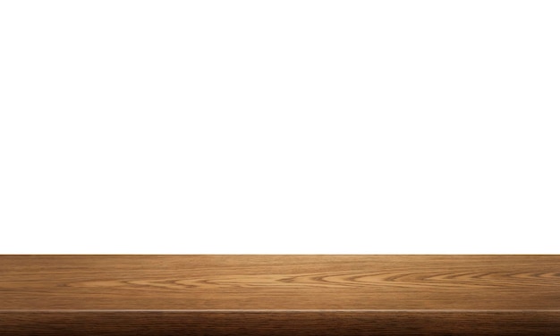 vista frontal de una mesa de madera vacía aislada sobre un fondo blanco