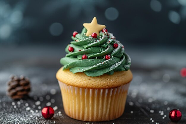 Vista frontal mini cupcake de árbol de Navidad en la oscuridad