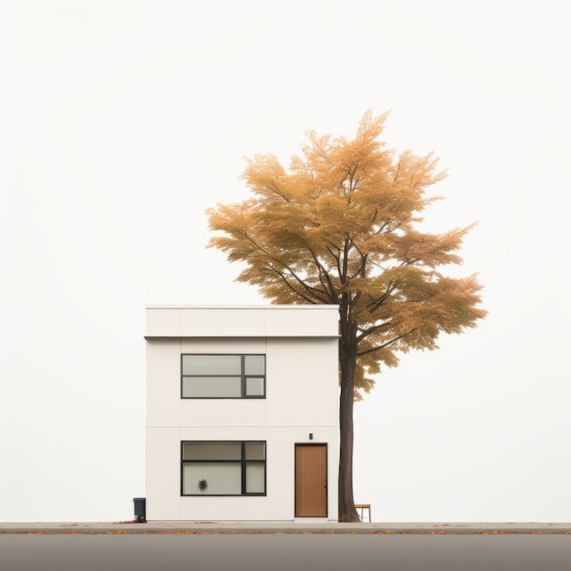 Vista frontal minimalista de un árbol de arce de pie al lado de una pequeña casa moderna con grandes ventanas