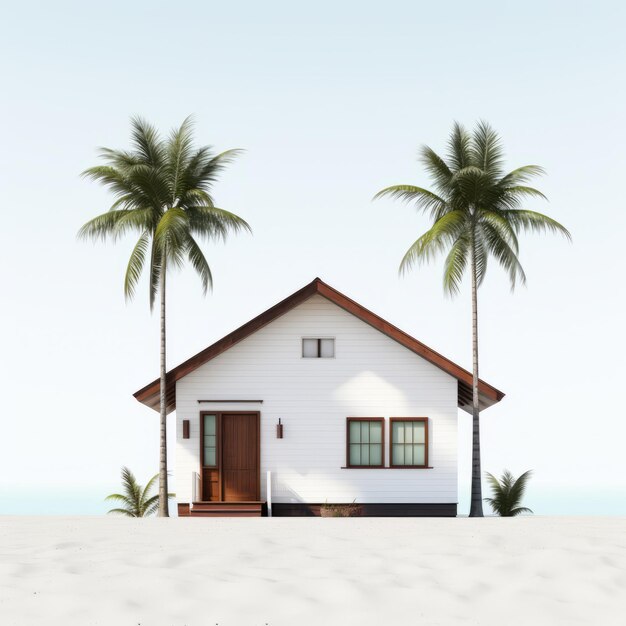 Foto vista frontal minimalista de una palmera junto a un bungalow junto a la playa