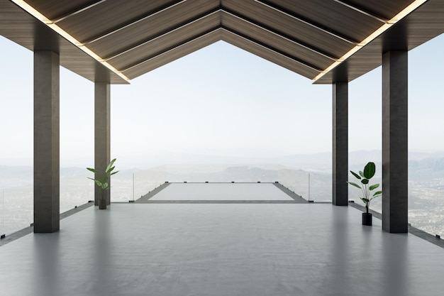 Vista frontal del mirador en una moderna terraza vacía abierta en lo alto de la ciudad con techo de madera de columnas oscuras y plantas verdes en macetas a los lados en el piso de concreto 3D renderizado simulado