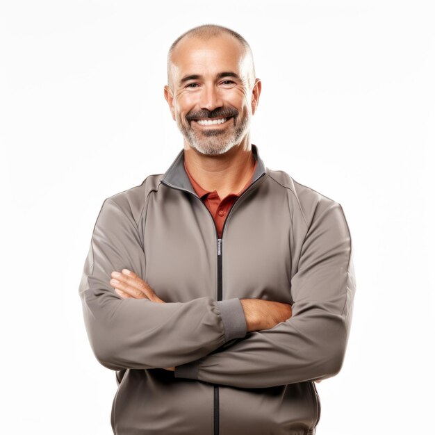 Vista frontal a mitad del cuerpo de un hombre caucásico vestido como un entrenador sonriendo con los brazos cruzados aislado en