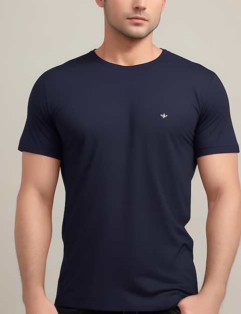 Vista frontal de un modelo de camiseta azul marino en blanco