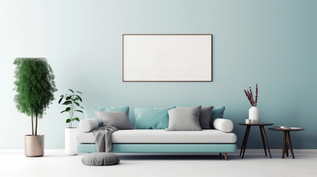 Vista frontal de una moderna sala de estar de lujo en colores claros Pared verde claro con plantilla de póster cómodo sofá con cojines mesas de centro plantas verdes en macetas decoración del hogar Mockup 3D rendering