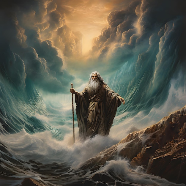 Vista frontal de Moisés dividiendo el mar rojo en el éxodo.