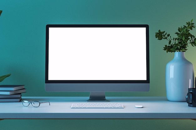 Vista frontal en el monitor de computadora moderno blanco en blanco con espacio para la página de inicio del sitio web de diseño web en la mesa de trabajo ligera con anteojos y teclado en el fondo de la pared verde maqueta de representación 3D