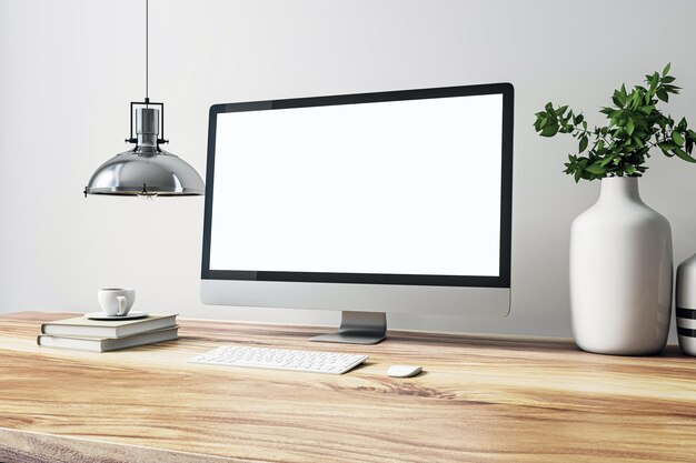 Vista frontal en el monitor de computadora moderno blanco en blanco con espacio para el sitio web de diseño web o página de inicio en la mesa de madera con teclado blanco y fondo de pared blanca simulacro de representación 3D