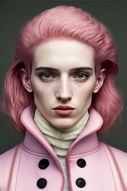 Vista frontal de una mujer feminista con chaqueta morada y cabello peinado sobre un fondo oscuro IA generativa