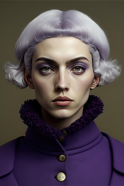 Vista frontal de una mujer feminista con chaqueta morada y cabello peinado sobre un fondo oscuro IA generativa