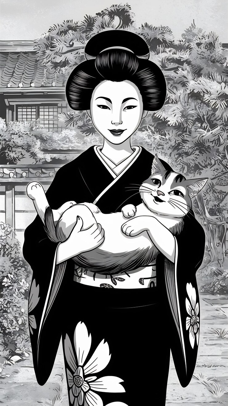 Foto vista frontal mujer japonesa con gato