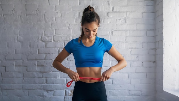 Vista frontal de una mujer joven con cuerpo en forma en camisa azul comprobando su peso en la pared blanca clara