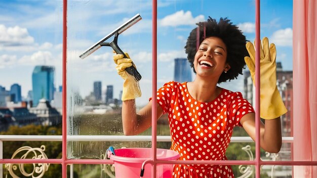 Vista frontal de una mujer sonriente limpiando la ventana