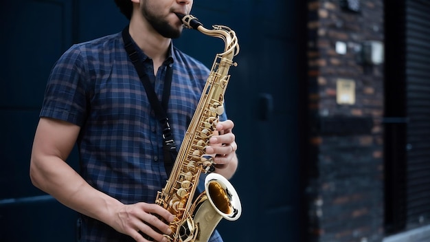 Vista frontal músico de tom médio tocando saxofone