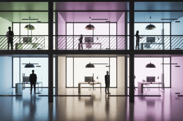 Vista frontal na área de coworking com salões separados por paredes coloridas com espaços de trabalho minimalistas e pessoas dentro