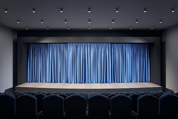 Vista frontal na cena vazia no teatro com fileiras de cortinas azuis de assentos e luzes no topo