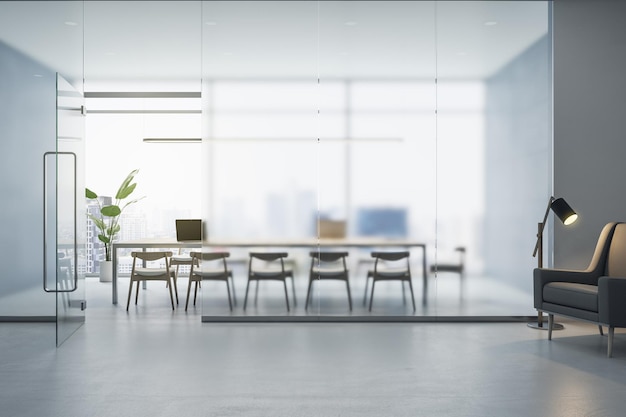 Vista frontal na parede de vidro fosco da sala de conferências espaçosa e leve com móveis aconchegantes no escritório com piso de concreto e renderização em 3D de poltrona elegante