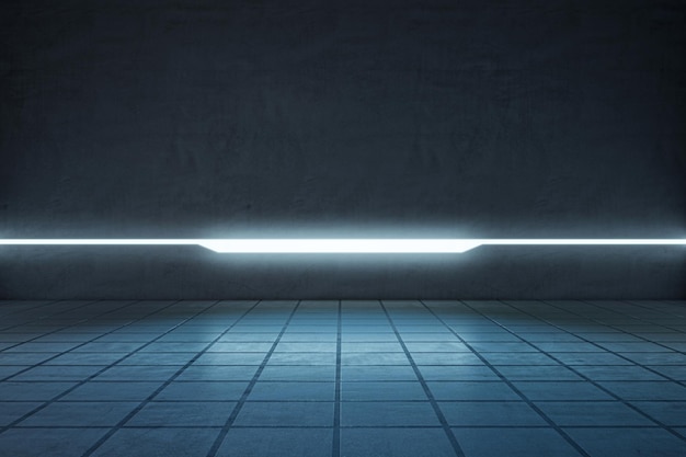 Vista frontal na parede em branco cinza no interior do quarto escuro vazio abstrato com piso de concreto e maquete de luz neon Apresentação do produto e fundo do carro Renderização em 3D