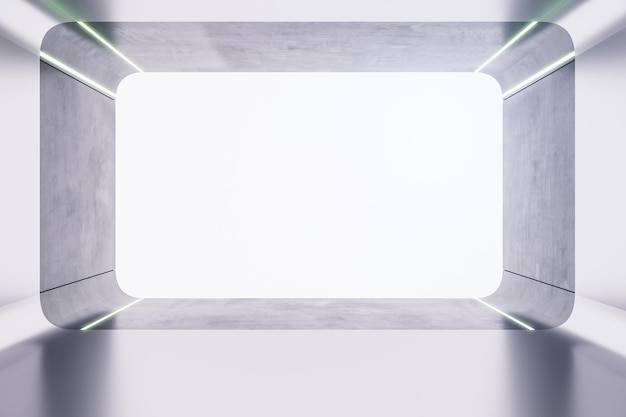 Vista frontal na tela branca brilhante no salão de estilo futurista abstrato com paredes metálicas 3D renderização simulada