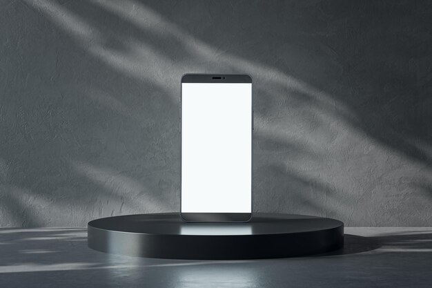 Vista frontal na tela do smartphone branco em branco com lugar para o seu logotipo ou texto no stand brilhante escuro no fundo de concreto abstrato iluminado pelo sol renderização 3D mock up