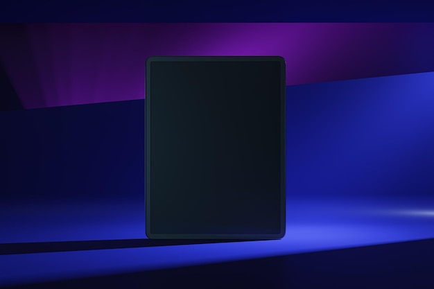 Vista frontal na tela do tablet digital preto em branco com espaço para o seu logotipo ou texto no gráfico abstrato azul escuro e roxo tons de fundo renderização 3D mock up