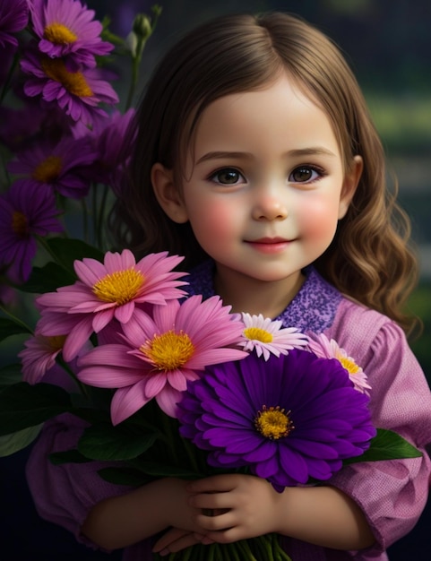 Vista frontal de una niña posando con hermosas flores