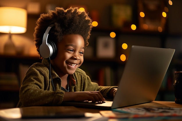 Vista frontal de un niño afroamericano jugando a un juego en una tableta digital en la mesa de comedor en la cocina en casa IA generativa