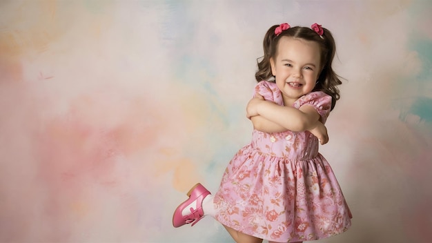 Una vista frontal de un niño lindo en un vestido rosa sonriendo y posando