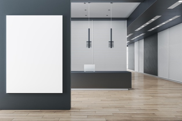 Vista frontal no cartaz branco em branco com lugar para o seu logotipo ou texto na parede preta no escritório espaçoso e elegante com laptop na recepção escura e paredes de ripas brancas renderização em 3D mock up